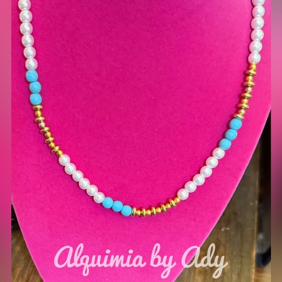 Alquimia Gold and Blue Necklace with Asymmetrical Design - Picture 1 of 2